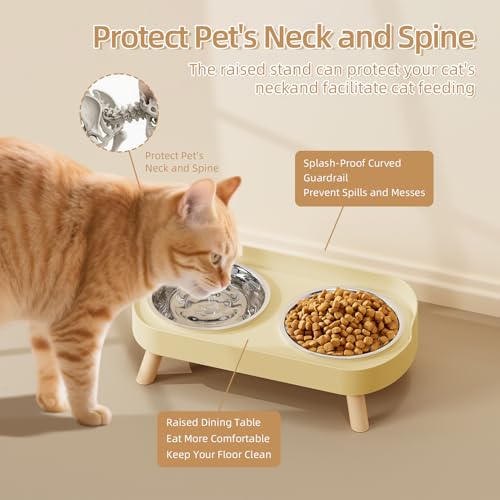 Elevated Cat Bowl, Raised Cat Food and Water Bowl Set for Indoor Cats, Splash Proof with 2 Stainless Steel Pet Food Bowls for Cats and Puppies, Whisker Fatigue and Dishwasher Safe - Yellow - color: Cat Bowls-Yellow