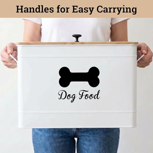 Metal Dog Food Container 15-20 lbs w/ Airtight Bamboo Lid, 70 Cup Capacity | Pet Jar For Dogs up to 100lbs, Airtight Bamboo Lid, Sturdy Comfortable Metal Handle, Powder Coated Iron, Kibble Storage Bin - color: White
