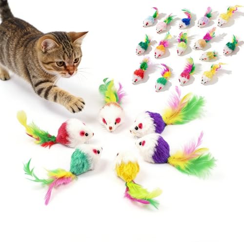 Cat Mouse Toy - 15 Pack Furry Rattle Mouse Toys for Cats with Feather Tail, Realistic Plush Kitten Toys with Catnip & Rustling Sound, Interactive Cat Toys for Indoor Cats