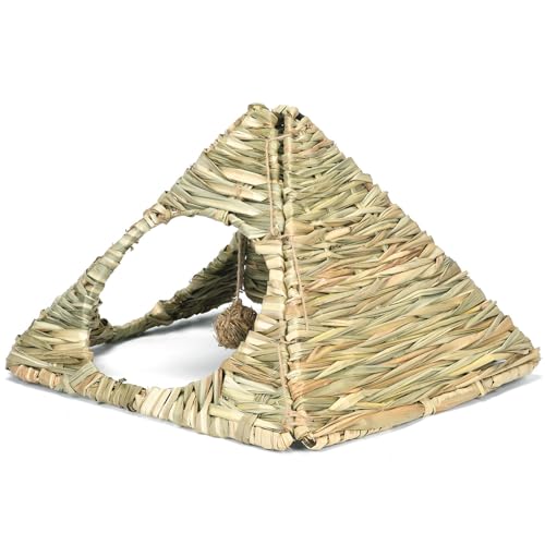 2 Sets 13"x11.8"x11" Small Animals Grass Foldable Woven Animal Hut Bunny Triangular House Play Hideaway Bed Hay Mat Chew for Rabbit, Guinea Pigs, Gerbils, Hamster