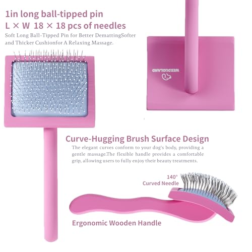 Pink Slicker Brush for Long Haired Dog Wooden Handle Coated Pins | Gently Grooming Slicker Brush, Ergonomic Wooden Handle, Long-Haired Dogs, Long Pins for Grooming Goldendoodles Poodles - color: Pink