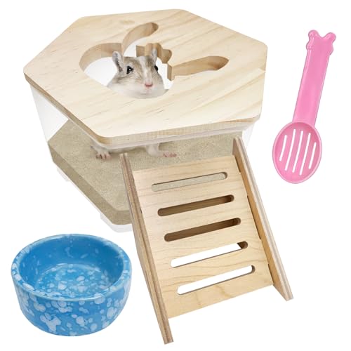 Hamiledyi Hamster Sand Bath Box Transparent Gerbil Digging Sand Container Acrylic Small Dwarf & Syrian Hamster Shower Bathtub with Climbing Ladder Bowl and Scoop Cage Accessories for Lemmings (Bunny) - style: Bunny