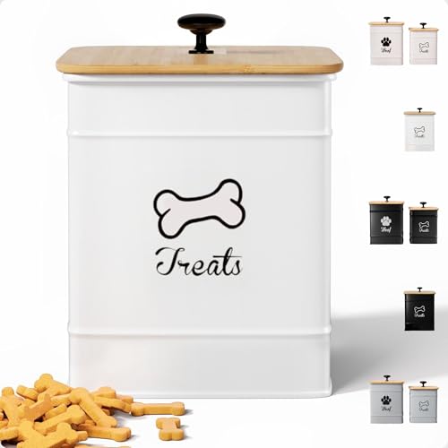 Dog Treat Container with Airtight Bamboo Lid, 5"W x 7"H, 7 Cup Capacity | Fits Most Popular Treats, 7 Cups Capacity, Airtight Bamboo Lid, Easy Open Metal Lid Handle, Dent-Resistant Durable Metal - color: White - Small