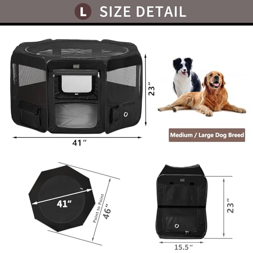DONORO Dog Playpen Portable Pet Play Pens for Small Dog/Cat/Rabbit/Chicks, Cat Playpen Indoor/Outdoor with Carring Case, Removable Zipper Top and Bottom (Black, Large (46"x46"x23"), 8) - color: Black, size: Large (46"x46"x23")
