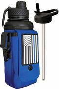 Iron Infidel Battle Bottle - 32 Oz Insulated Water Bottle with Straw Lid & Chug Cap, Stainless Steel Metal Flask Includes Rugged, Removable Sleeve for Keys, Wallet, & Phone (Thin Blue Line 1 Liter) - color: 32oz - Blue Line, size: 32 Ounces