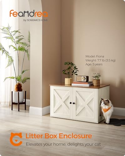 Feandrea Cat Litter Box Enclosure, Litter Box Furniture Hidden with Removable Divider, Indoor Cat House, End Table, 31.5 x 20.9 x 19.7 Inches, Honey Brown and Rustic White UPCL002P01 - color: Honey Brown + Rustic White, size: L (31.5"L x 20.9"W x 19.7"H)