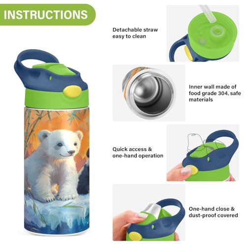OTVEE Polar Bears Pandas Kids Water Bottle with Straw Lid Insulated Stainless Steel Cup Insulated Tumbler for Boys School 12 oz - color: Polar Bears and Pandas