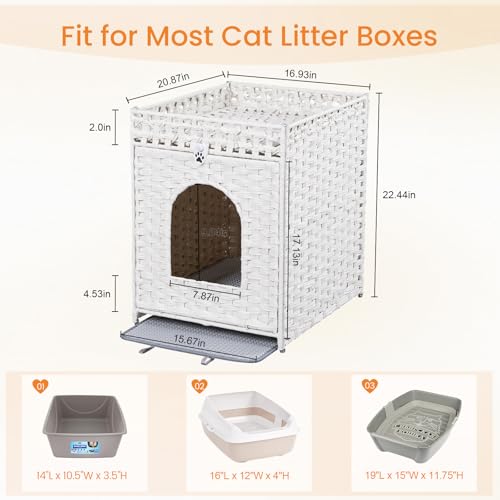 Snughome Cat Litter Box Enclosure Furniture Hidden with Litter Mat, Hidden Washroom Furniture with Door, Handwoven Rattan Cat Washroom Box, Indoor Pet House for Living Room, Bedroom(White) - color: White