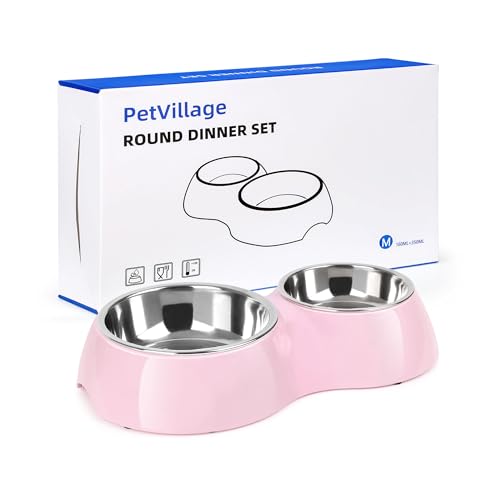 Double Dog Bowls Set – Non-Slip Pet Food & Water Dishes with Resin Stand, Includes Small (1 Cup) & Medium (2 Cups) Bowls – Ideal for Puppies and Cats– Pink - color: Pink, size: Medium