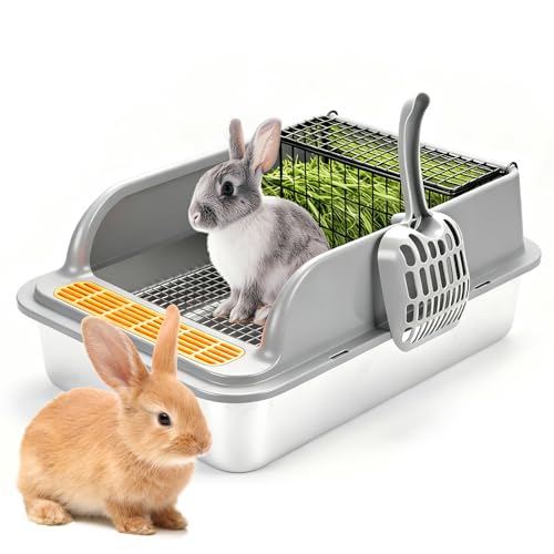 Stainless Steel Rabbit Litter Box w Hay Feeder and Litter Scoop, 23.62 x 15.75 x 7.9 Inch Large Litterboxes w Raised Grid, High Sided Kiter (XX-Large) - size: XX-Large
