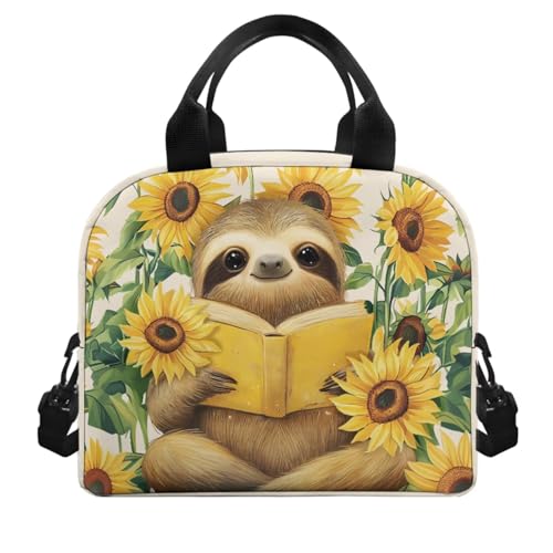 Sunflower Sloth Backpack for Girls 2Nd Grade Boys Bookbag with Lunch Box Large Pencil Case Box and Water Bottles Cover 4 PCS Set Kids 8-10 Comfy Junior High Students School Bag - color: Sunflower Sloth