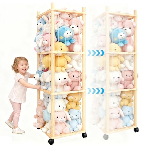 Stuffed Animal Zoo Storage with Lockable Wheels, Natural Wood | Sturdy Solid Wood Toy Organizer, Large Capacity Plush Toy Cage, Space-Saving for Toddler/Playrooms/Bedrooms - color: Natural Wood