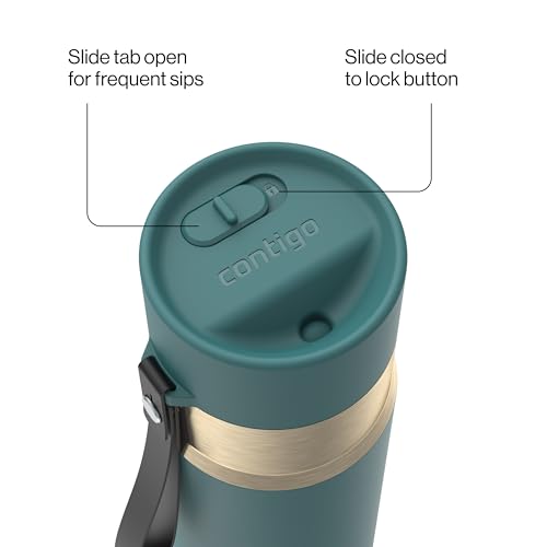 Contigo AutoSeal 24 oz Stainless Steel Vacuum-Insulated Water Bottle with Leakproof Push-Button Spout & Lock, Carry Strap, BPA-Free & Lead-Free, Dishwasher Safe - color: Mineral Teal Champagne, size: 24 Ounces