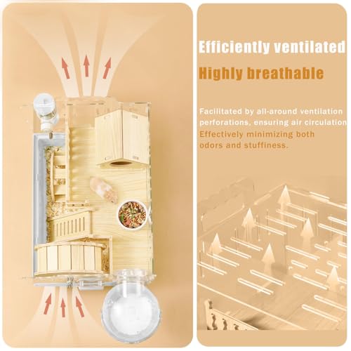 Cycodo 8 in 1 Acrylic Hamster Cage,2-Tier Dwarf Hamster Cage with Wooden Wheel & Hideout,Small Hamster Habitat with Accessories,Clear Pet Mice House(White,14" L*10" W*11" H) - color: White
