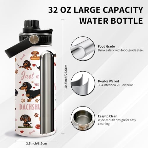 Dachshund 32oz Water Bottle, with Handle Lid Bottle, Insulated Cup | 32oz Stainless Steel Sport Tumbler, Leak-proof Coffee Mug, Thanksgiving Christmas Birthday Gift for Dachshund Lovers - color: Dachshund