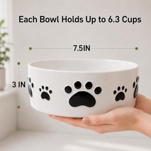 Ceramic Dog Bowls Set, 7.5''×3'', with Anti-Slip Rings, 5 Cups Capacity - size: 7.5 in