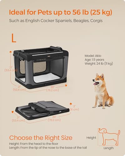 Feandrea Collapsible Dog Crate, Portable Travel Crate, 30-Inch | Oxford Fabric Pet Carrier with 4 Mesh Doors, Handles, Storage Pocket, Water Bottle Holder, UPDC017B01 - size: L（30"L x 21"W x 21"H)
