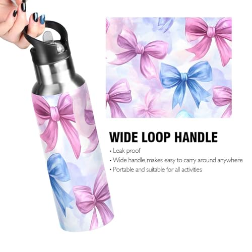 Pink Blue Bow Water Bottle Girls Stainless Steel Water Bottle Straw Lid | Kids Leak Proof Girls Insulated Tumbler Cup for School 20 oz - color: Multi11