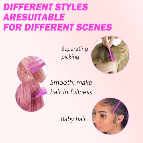 DAN Technology Hair Styling Set - 3 Pieces Teasing Comb, Rat Tail Comb, and Edge Brush for Slicking Baby Hair & Flyaways - Pink