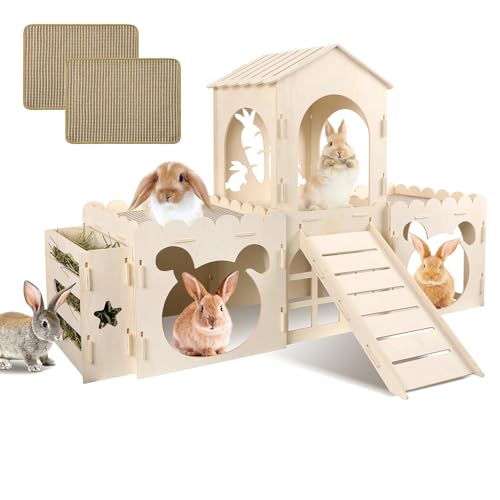 Extra Large Rabbit Castle, Wooden Bunny House & Hay Feeder, Detachable Rabbit Hideaway, Indoor Rabbit Castle with Ramp, Small Animal Houses & Habitats with Sisal Mat - size: 4 House with 2 Mat