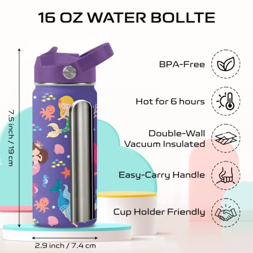 Mermaid 16 oz Water Bottle with Straw – Kid Stainless Steel Vacuum Insulated Cup, Leakproof Straw Lid, Reusable Travel Mug for Outdoor Sports (purple) - color: Mermaid2