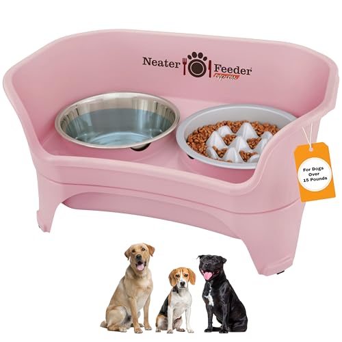 Neater Feeder Express Mess Proof Dog Bowls Elevated for Medium and Large Breed – Made in USA – No Spill Raised Slow Feeder Elevated Dog Bowl Stand, Slow Feed Food and Water Bowl Set, Pink - color: Pink, size: Medium to Large w/ 9 Peak Slow Feed Bowl