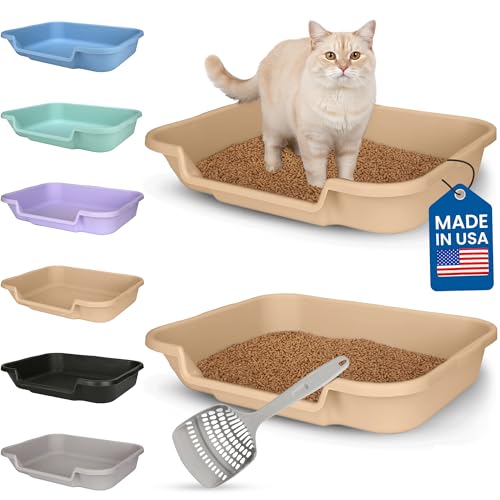 KittyGohere Senior Cat Litter Box Large with Scoop, 2 Pack Beach Sand | Open Top Low Entrance Kitty Litter Box With Long-handle Jumbo Scoop, Lightweight Low Entry Litters Box, Durable, Made in USA - color: Beach Sand, size: Large(2 Pack) with Scoop