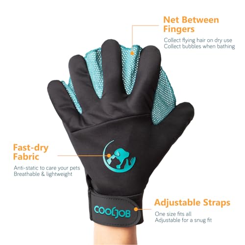 COOLJOB Patented Pet Grooming Gloves with Web, Reusable Washable Cleaning Brush Massage Hair Remover for Short Long Haired Dog Cat Horse Animal, Washing Bathing Shedding Supplies, Small, Blue Black - size: Small