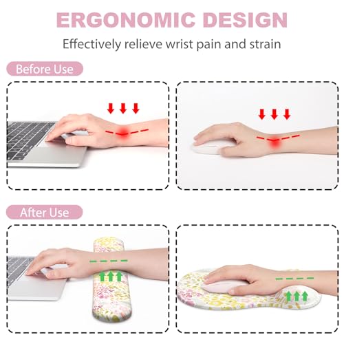 Ergonomic Mouse Pad with Wrist Rest and Keyboard Wrist Rest, Gel Mousepad and Wrist Rest for Computer Keyboard, Pain Relief, Non-Slip PU Base, Mouse Pad Wrist Support for Gaming, Pink Yellow Flowers - color: Floral Brust