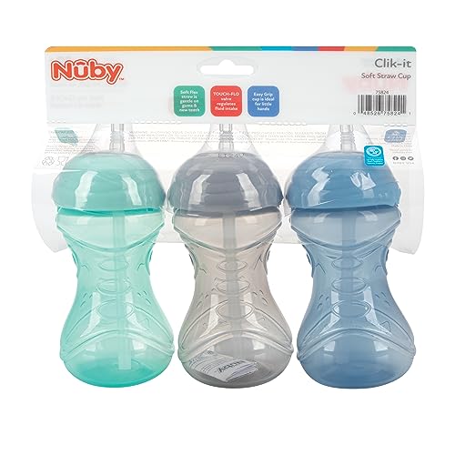 Nuby 3 Piece No-Spill Easy Grip Cup with Flex Straw, Clik It Lock Feature, Neutral, 10 Ounce - color: Blue, Gray, & Aqua