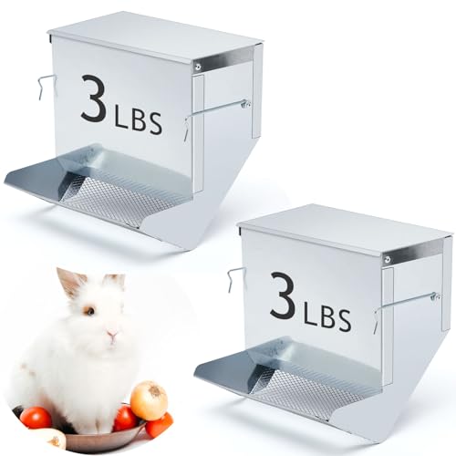 2 Pcs Rabbit Feeder for Cages Small Animal Food Pellet Dispenser with Lid Metal Chicken Grit Oyster Shell Squirrel Feeders Outside(7.7 Inches,Mesh Bottom,Silver) - color: Silver, size: 7.7 Inches, style: Mesh Bottom