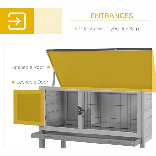 PawHut Elevated Wooden Rabbit Hutch Indoor/Outdoor Bunny Cage Gray | Hinged Asphalt Roof, Removable Tray for Guinea Pig - color: Gray