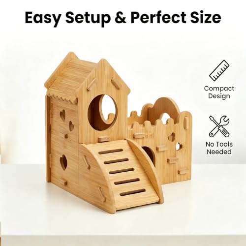 Wooden Hamster Hideout,House and Habitat with Climbing Ladder(Castle) | Hamster Hideout Cage Accessories,Very sturdy and bite-resistant for Mouse Mice Rat Other Small Animals - color: Bamboo