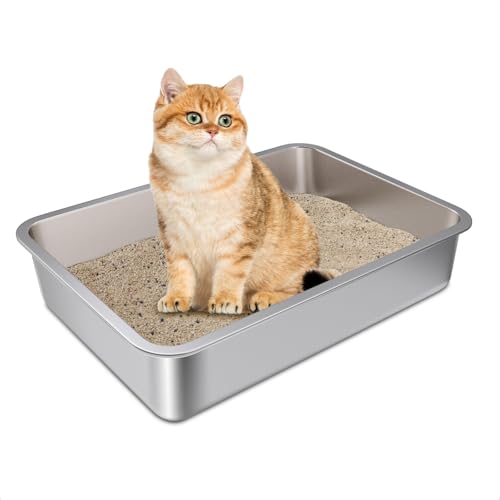 Stainless Steel Litter Box, Metal Litter Boxes 17.7" x 13.7" x 4",Small Litter Box for Kittens,Easy Entry Easy Clean Non Stick No Smell for Senior Cats or Short Legged Cat/Bunny - size: 1 pack-Small-Medium(17.7"x13.7"x4")