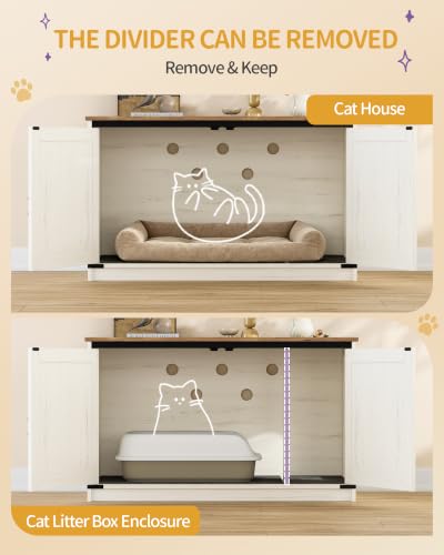 Hzuaneri Cat Litter Box Enclosure, Hidden Litter Box Furniture with Divider | Wooden Cat Cabinet with Removable Dividers, Reversible Entrance Left or Right Side, Cat Washroom, Rustic White Brown CB84614X - color: Rustic White and Brown, size: 31.5"L x 21.
