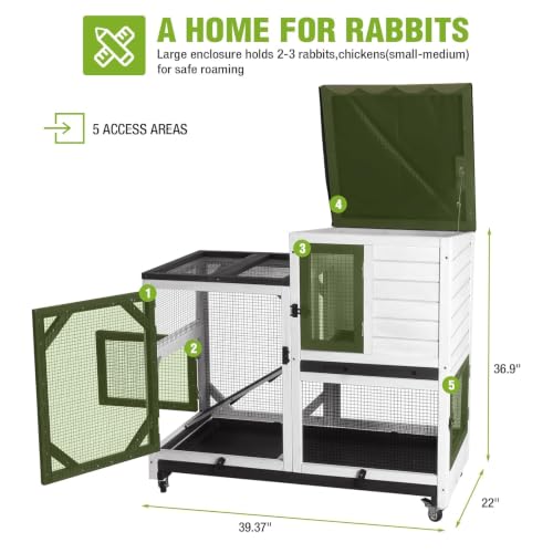 GUTINNEEN Rabbit Hutch Indoor Rabbit Cage with Wheels Outdoor Bunny House 2 Story Guinea Pig Cage with Leakproof Tarp Roof (White) - color: Whiet