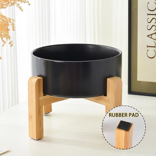 6'' Ceramic Raised Dog Bowl - 30Oz Dog Food & Water Bowl with Elevated Non-Slip Bamboo Stand, Dishwasher & Microwave Safe, Anti Vomiting Heavy Duty Pet Bowl for Small and Medium Dogs, Black - color: 1 x Bowl + Stand - Black, size: 6 inch
