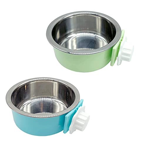 Tfwadmx Crate Dog Bowl Cat Removable Stainless Steel Food and Water Feeder Hanging Cage Bowls Coop Cup with Cleaning Set for Pet Puppy Bird Rat Guinea Pig Ferret Bunny Rabbit 2Pcs - color: Light blue, light green (2 PCS)