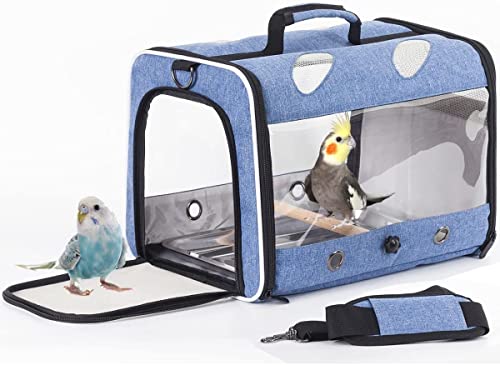 Bird Travel Carrier for Parrot with Wooden Perch and Tray, Portable Carrying Bag for Outdoor Hiking and Vet Visit(Blue, Bird Carrier) - color: Blue