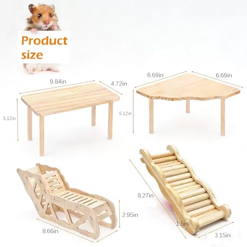 4PCS Wooden Hamster Platform Set, Tunnel Ladder Playhouse Hamster Game Climbing Toy with Ladder Platform Table Climbing Ramp, Cage Decor for Syrian Dwarf Hamsters, Gerbils, Mice