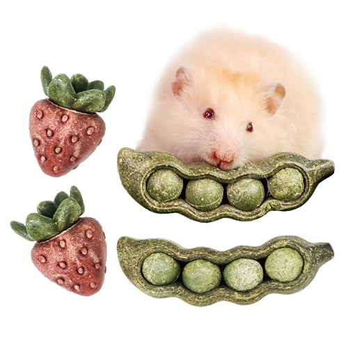 TEEWY 4PCS Guinea Pig Toys, Prevent Teeth Overgrowth, Natural Vegetables and Timothy Grass, Hamster Chew Toys, Guinea Pig Chew Toys, Chinchilla Toys, Peapod and Stawberry Chew Toy Set - style: 4PCS-Peapod and Stawberry