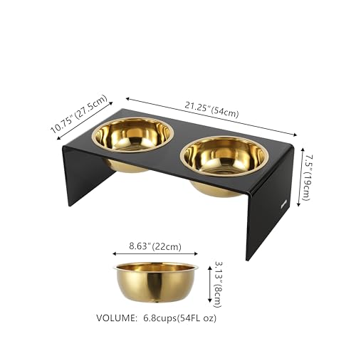 DBL2001B Keaton 7.5" Medium/Large Modern Lucite Rectangular Elevated Pet Feeder with 54oz 2-Stainless Steel Bowls, Black/Gold - color: Black/Gold, size: 54 Ounces (7.5" Cups 2-Pack)