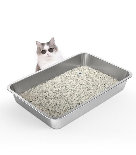 WENBOKMIN Stainless Steel Cat Litter Box - (23.5" L x 15.5" W x 4" H) | Non Slip, Easy to Clean, Never Absorbs Odor, Stains, or Rusts - size: 24" L x 16" W x 4" H