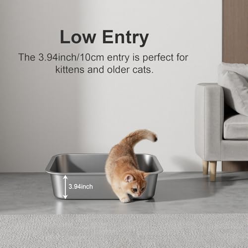 Small Stainless Steel Cat Litter Box | Sturdy Metal, Low Entry Design, Odor-free, Non-stick and Easy to Clean, Suitable for Kittens, Rabbits and Small dogs - size: 15.7"L x 11.8"W x 3.9"H