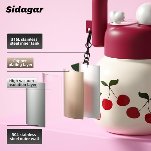 22 oz Insulated Stainless Steel Water Bottle with Handle, Cherry | Cute design with durable 316L stainless steel, dual sip, keeps drinks hot or cold longer, travel and everyday hydration - color: White