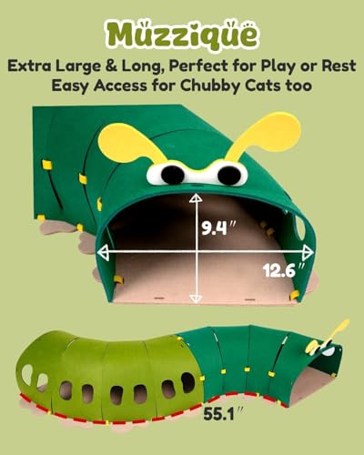 Felt Cat Tunnel, Connectable Large Cute Rabbit Tunnel Bed, with Hair Brush | Indoor Modular S Caterpillar Shape Kitten Cave, Interactive Hole Toy, Hideaway Bunny Furniture, Peekaboo Green Entertainment