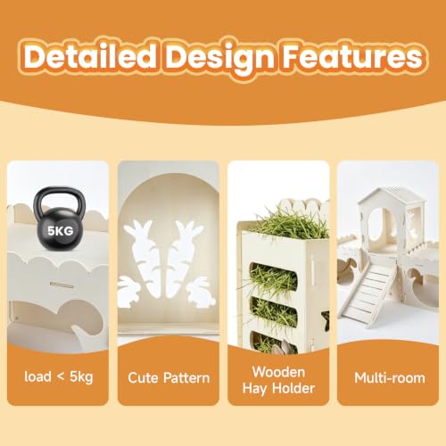 5 in 1 Extra Large Bunny House，Rabbit Hideout and Wooden Castle Hutch Cage | Detachable With Ramp 4 Houses and a Hay Feeder，Sturdy Guinea Pig and Chinchilla Cages,Small Animal Pet Tunnel Habitat