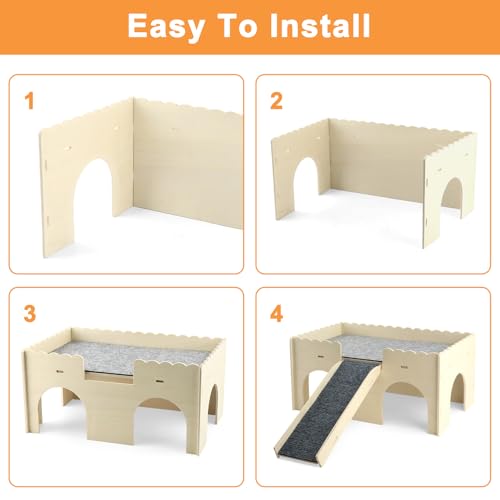 Wooden Guinea Pig Castle, Upgraded Guinea Pig Hideout, Small Pet House with Ramp & 4 Openings, Easy to Assemble for Guinea Pigs, Hamsters, Gerbils & Chinchillas