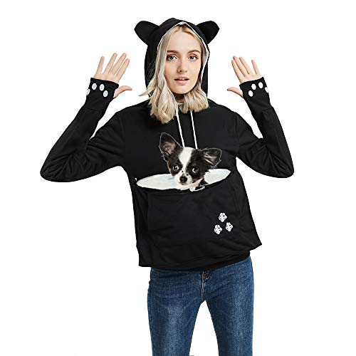 Womens Pet Carrier Sweater Dog Cat Pouch Hoodies Plus Size Tops - color: Black, size: Small