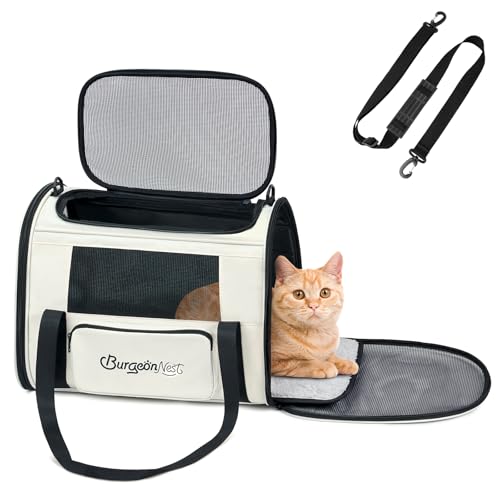 Cat Carrier Soft, Collapsible Travel Pet Bag, Small Dogs | Large Cats up to 20 lbs with Unique Side Bag, Top Load Small Pet Crate Escape Proof with 4 Ventilated Windows, Medium Beige - color: Beige, size: 17.7"L x 12.0"W x 12.5"H